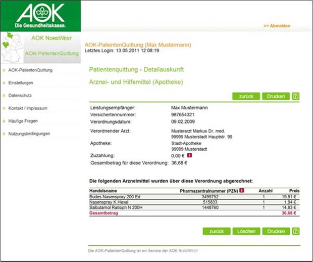 AOK zeigt Patienten die Behandlungskosten Wie Max Mustermann können jetzt alle Versicherten der AOK Nordwest im Internet ihre Patientenquittung begutachten.