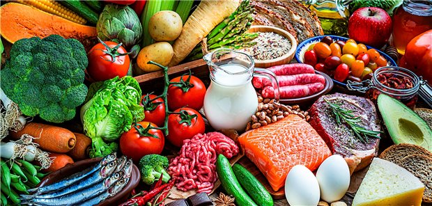 Die Grundnahrungsmittel auf einem Tisch präsentiert.