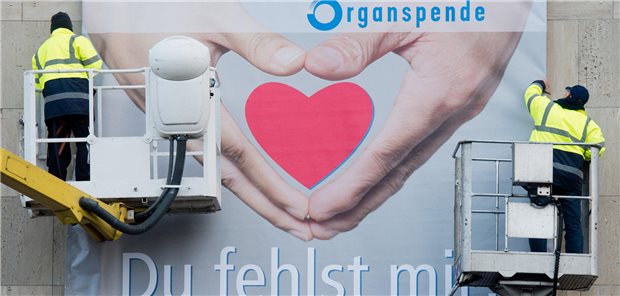 Organspende: Bei der Widerspruchslösung wird niemand zum Objekt degradiert Wie die Spenderzahlen nach oben bringen? Zwei Arbeiter montieren am niedersächsischen Sozialministerium in Hannover ein Plakat zur Organspende.