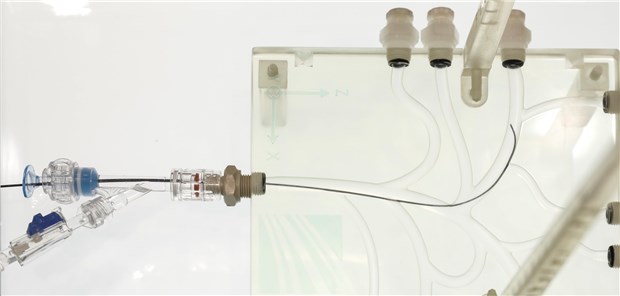 High-Tech-Lösungen für Praxis und Klinik Wo steckt der Thrombus im Hirn? Am Simulationsmodell zeigt eine Forschergruppe bei der Medica, wie ein Katheter über KI autonom gelenkt werden kann.