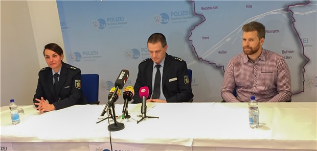 Spritzenangriff auf Teenager – Ärzte auf Suche nach Substanz Yvonne Shirazi Adl (l-r), Christopher Grauwinkel und Thimo Mallon äußern sich auf einer Pressekonferenz der Polizei Gelsenkirchen: Die Polizei hat nach Angaben eines Sprechers bisher keine Zweifel an den Schilderungen des betroffenen 13-jährigen Mädchens.