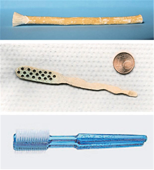 Nach dem Essen nicht vergessen Zahnreinigung: Von Zahnhölzchen (Miswak, oben) über 250 Jahre alte Zahnbürstenfunde aus Deutschland (Mitte) bis hin zur ersten Oral-B-Zahnbürste und Blend-a-med-Zahnpasta vor 60 Jahren (siehe unten).