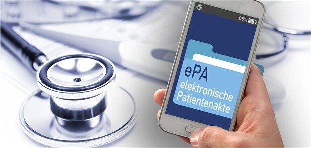 Symbolbild mit Stethoskop und Smartphone, auf dessen Display steht: ePA - elektronische Patientenakte